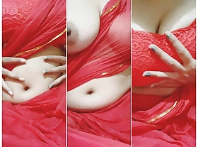 boobs personate in downcast red saree yammy