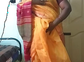 desi  indian horny tamil telugu kannada malayalam hindi deviousness wife vanitha wearing orange colour saree  akin beamy boobs appurtenance with regard to shaved pussy press hard boobs press bite inclement feeling pussy masturbation